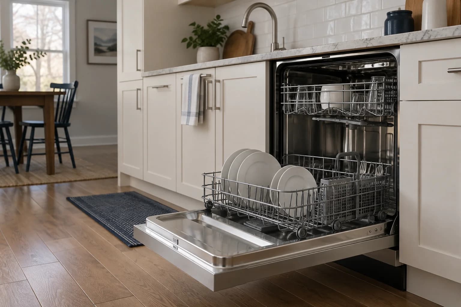 Open stainless steel dishwasher with plates in a residential kitchen
